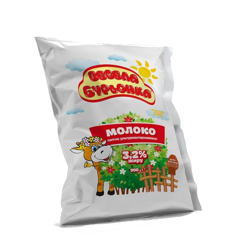 Молоко коров'яче ВЕСЕЛА БУРЬОНКА, ультрапастеризоване, 3,2%, 900г